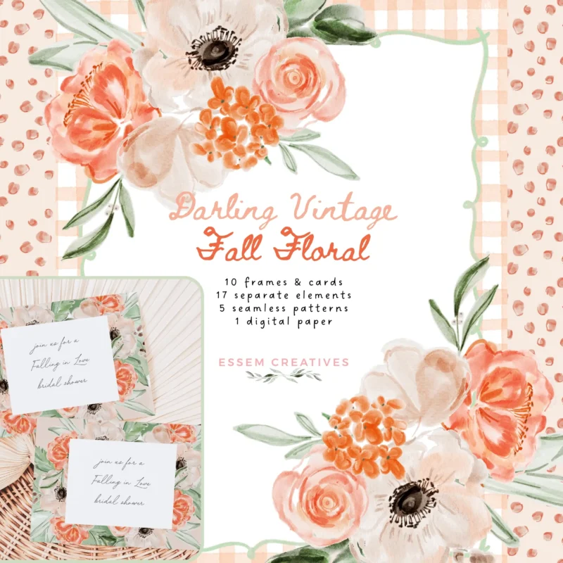 Whimsical Boho Fall Floral Clipart, Watercolor Vintage Flowers for Autumn Baby Shower Bridal Shower Invitation Templates | Vintage Darling Fall Floral set is a se tof Boho Fall Watercolor Florals. These are handmade illustrations and PNG designs, backgrounds, borders and frames that will help you create bestselling stationery, branding, lifestyle goods and more. Click to see more>>