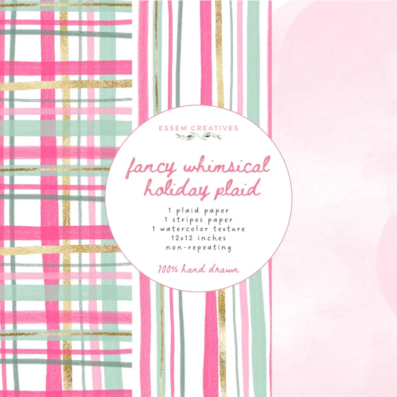 Add a playful touch to your creative projects with this cute whimsical plaid digital paper! 🎀 Featuring watercolor tartan pattern and a stripe pattern, pink aqua tones with gold foil highlights, this printable background is perfect for christmas cards and whimsical holiday photo cards, scrapbook pages, junk journals, greeting cards, invitations, gift wrapping, and DIY stationery. Ideal for lovers of coquette aesthetic, preppy patterns, pastel designs, and colorful crafts. Download and create something beautiful with this unique plaid paper!