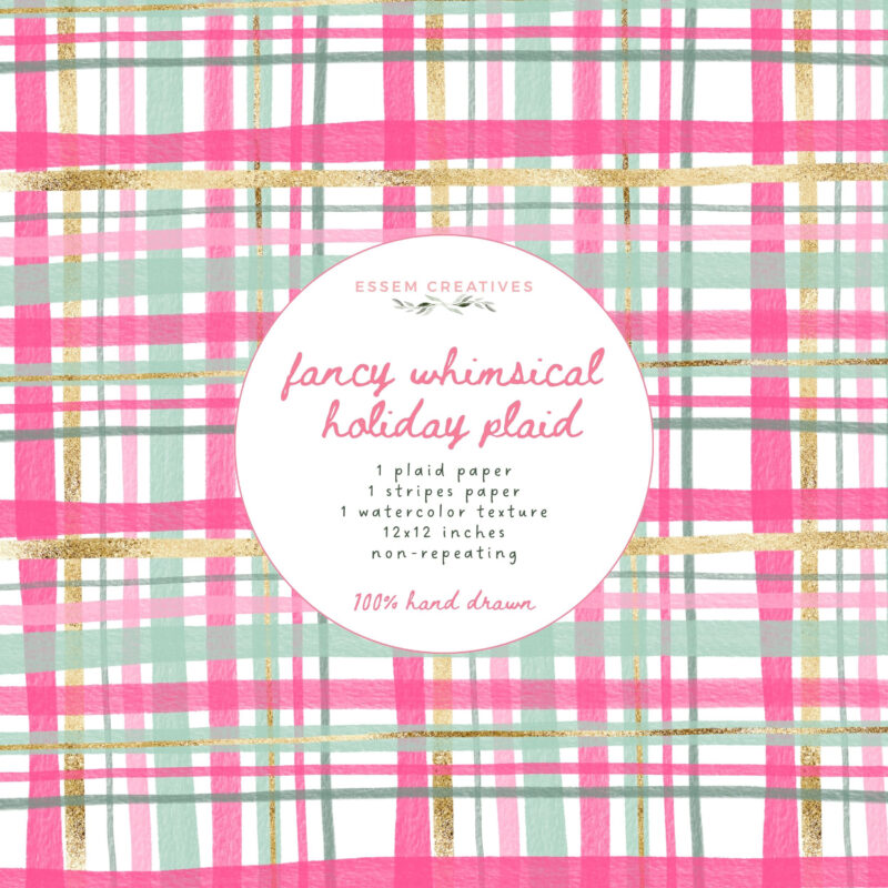Add a playful touch to your creative projects with this cute whimsical plaid digital paper! 🎀 Featuring watercolor tartan pattern and a stripe pattern, pink aqua tones with gold foil highlights, this printable background is perfect for christmas cards and whimsical holiday photo cards, scrapbook pages, junk journals, greeting cards, invitations, gift wrapping, and DIY stationery. Ideal for lovers of coquette aesthetic, preppy patterns, pastel designs, and colorful crafts. Download and create something beautiful with this unique plaid paper!
