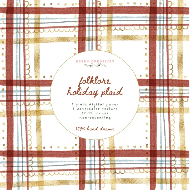 Folk Vintage Burgundy Blue Gold Whimsical Plaid Pattern Digital Paper Card Background, Watercolor Tartan Print
