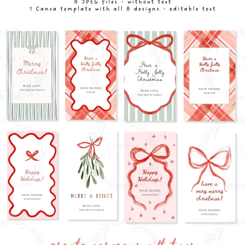 Add a whimsical touch to your holiday gifting with these printable watercolor gift tags! 🎄 Featuring hand-painted mistletoe, bows, classic plaid, stripes, and wavy frames, this set of 8 brings a charming, artsy feel to Christmas presents. Perfect for wrapping gifts, holiday party favors, DIY packaging, and thoughtful handmade touches. Simply print, cut, and style for a cozy, vintage-inspired Christmas aesthetic. Ideal for creative gift-givers who love cute holiday stationery and festive wrapping ideas!
