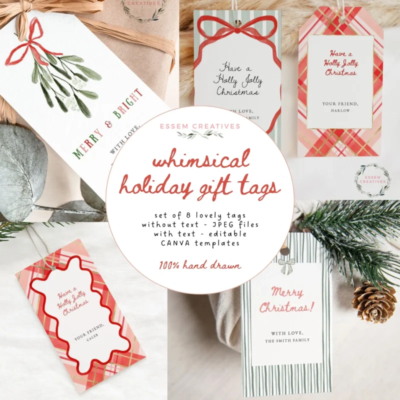 Add a whimsical touch to your holiday gifting with these printable watercolor gift tags! 🎄 Featuring hand-painted mistletoe, bows, classic plaid, stripes, and wavy frames, this set of 8 brings a charming, artsy feel to Christmas presents. Perfect for wrapping gifts, holiday party favors, DIY packaging, and thoughtful handmade touches. Simply print, cut, and style for a cozy, vintage-inspired Christmas aesthetic. Ideal for creative gift-givers who love cute holiday stationery and festive wrapping ideas!